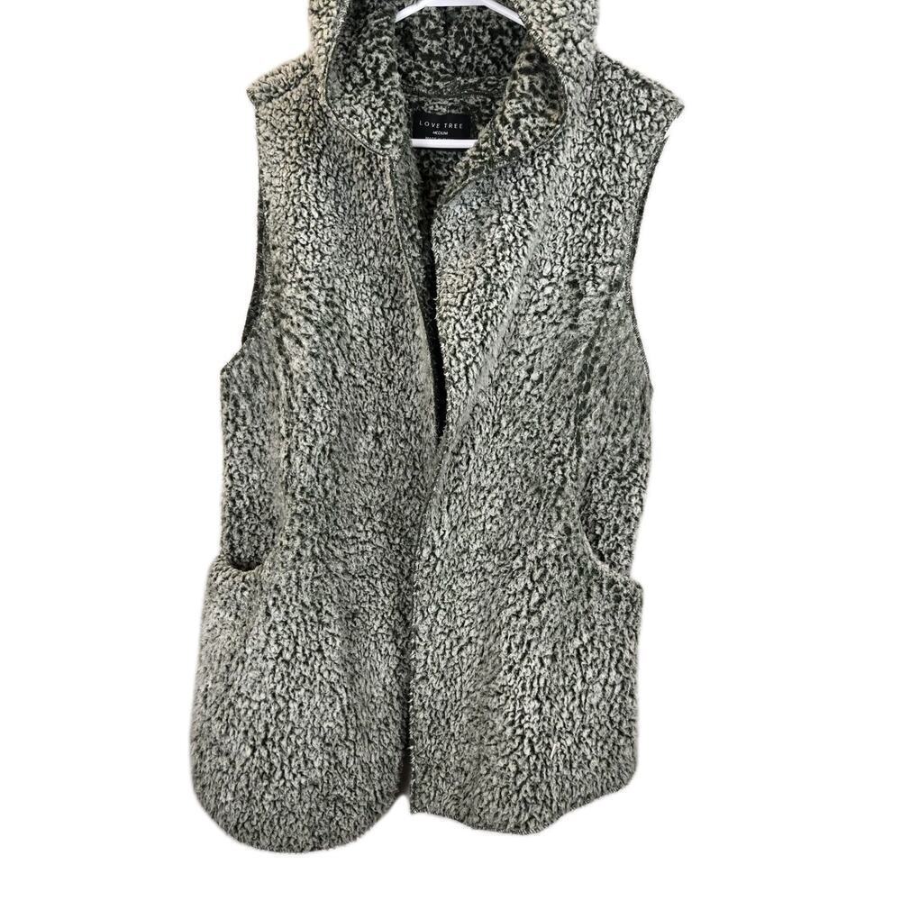 Love Tree Faux Fur Teddy Bear Hooded Vest Womens MED Olive Green Open Front Boho - Picture 1 of 8